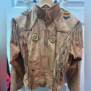 Authentic Leather Fringe Jacket w/Beaded Accents. Vintage - Small